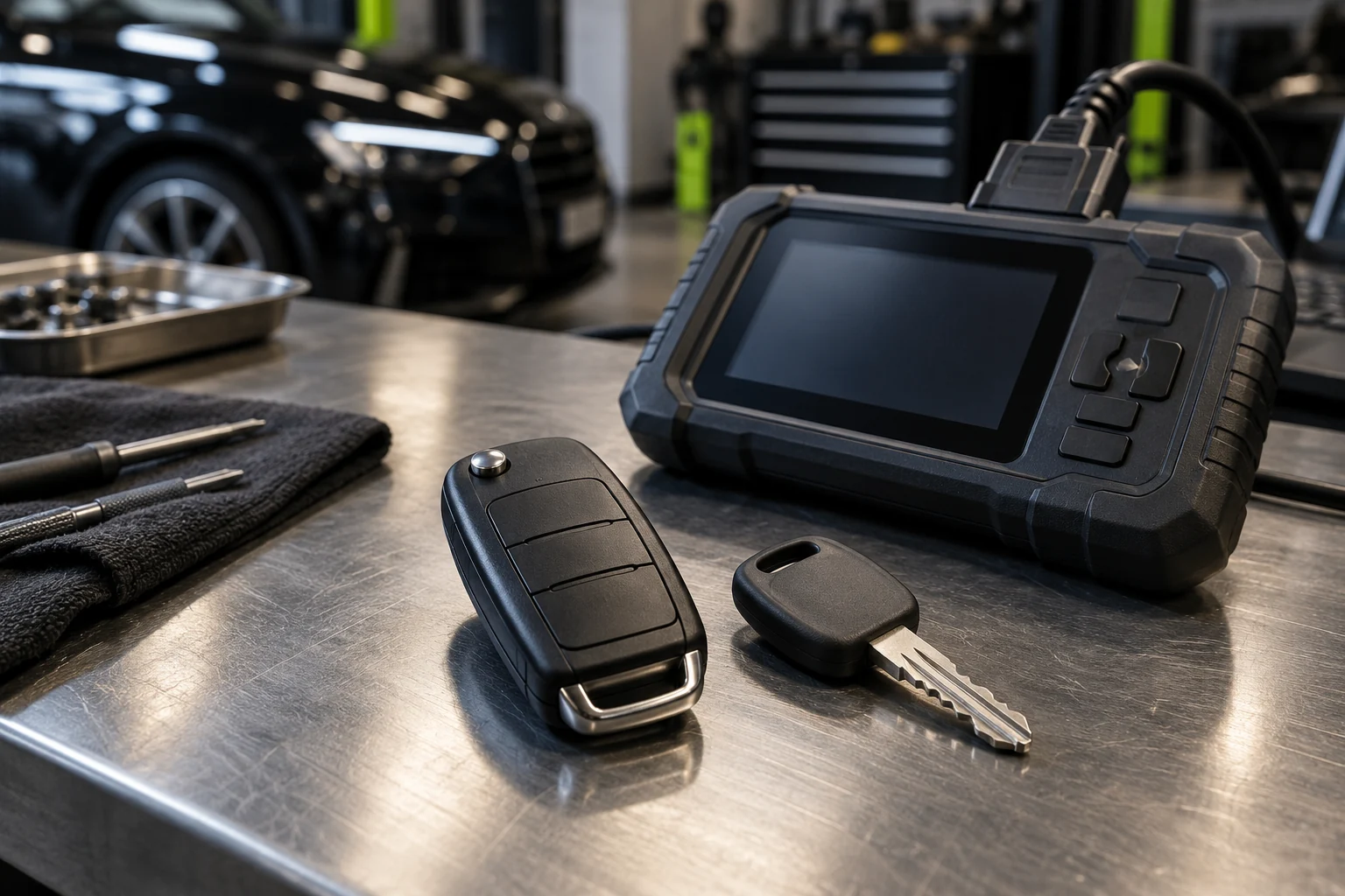 Modern black car key fob and a spare key beside a diagnostic device