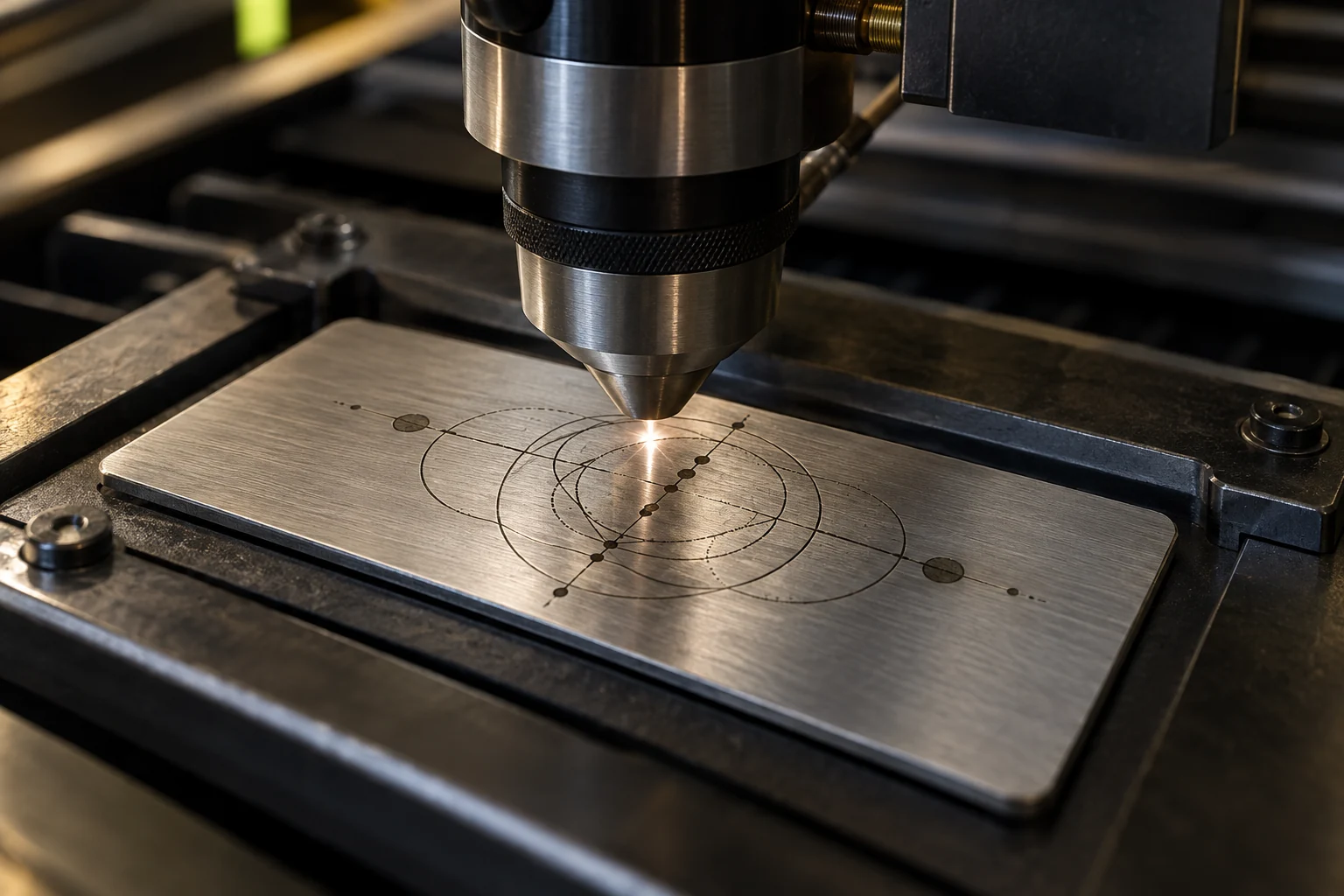 Precision engraving head above a brushed-metal plate