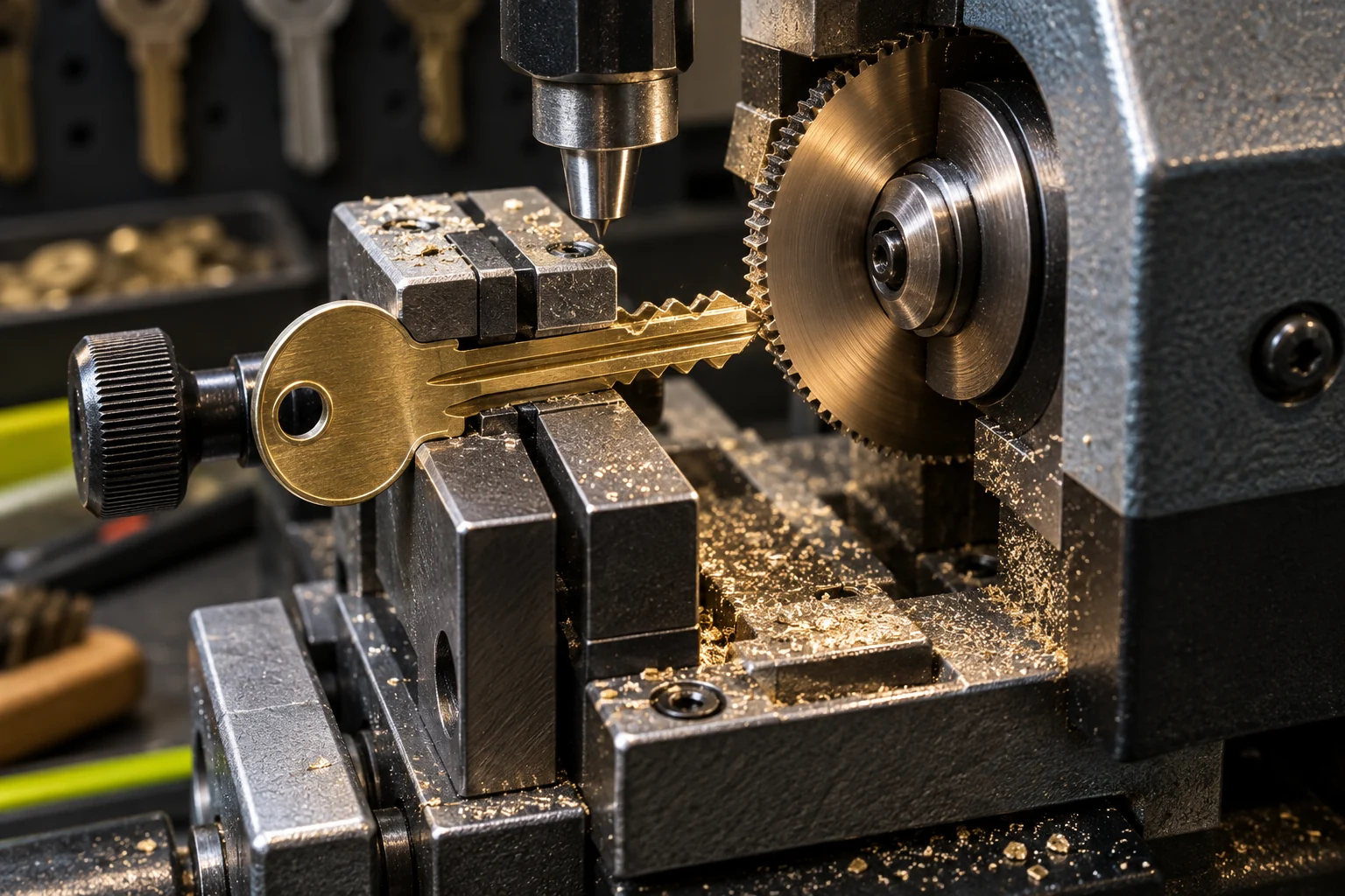 Brass key held in a precision key-cutting machine