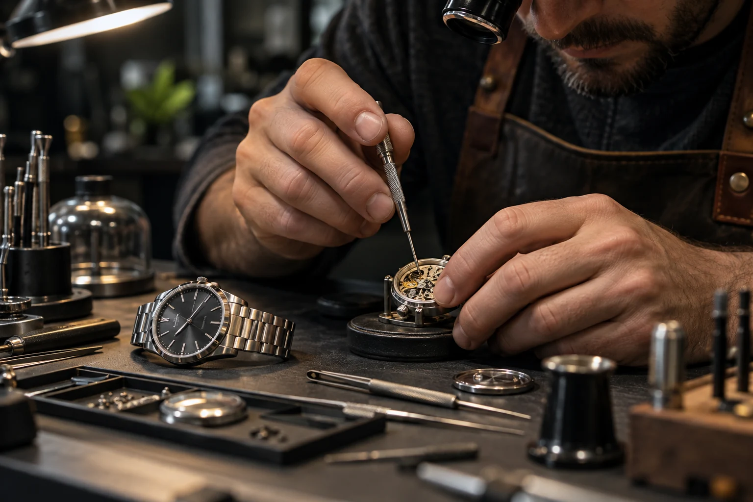 Open analog watch movement and watchmaker’s fine tools
